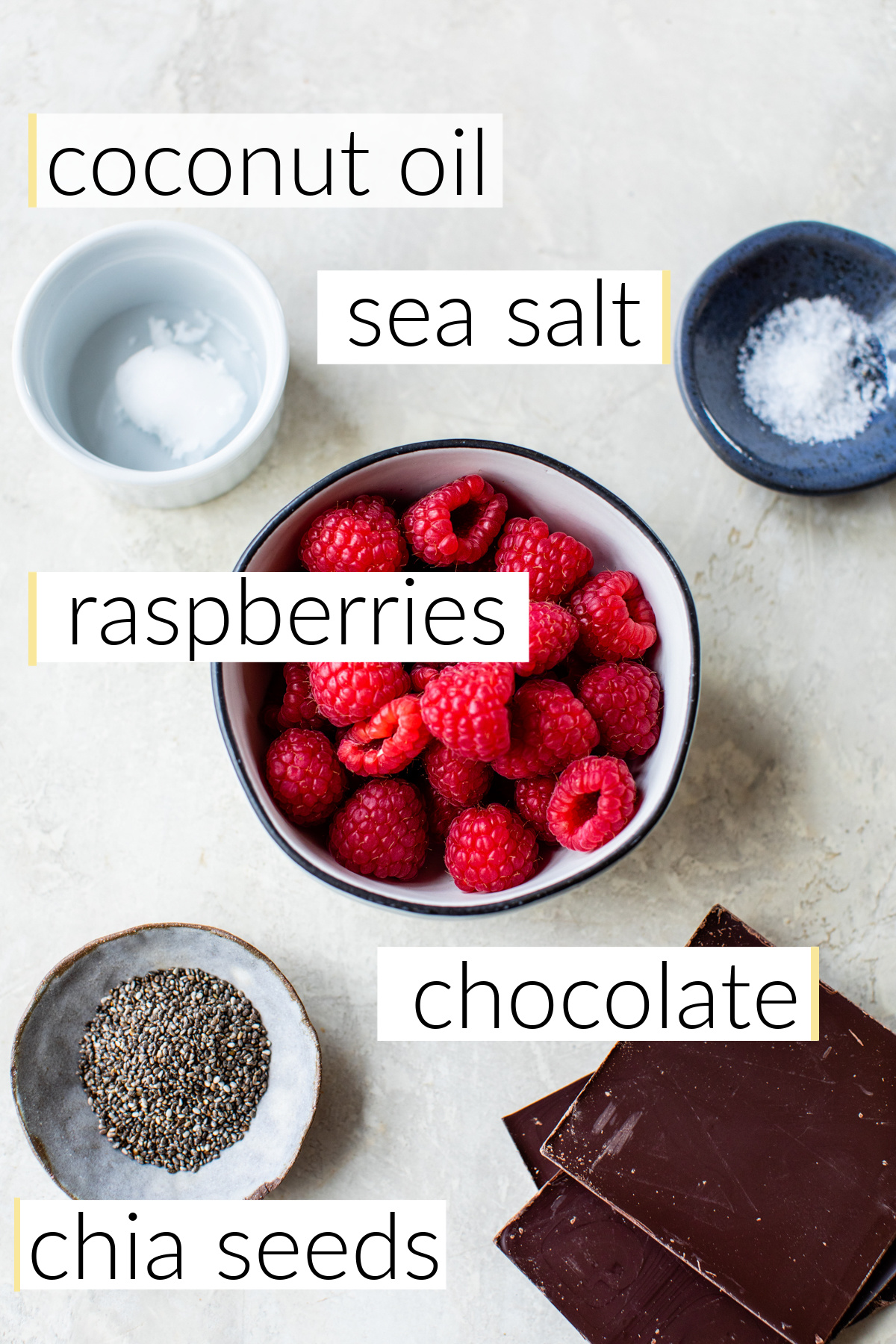 Ingredients for this recipe; raspberries, chocolate, chia seeds, sea salt and coconut oil