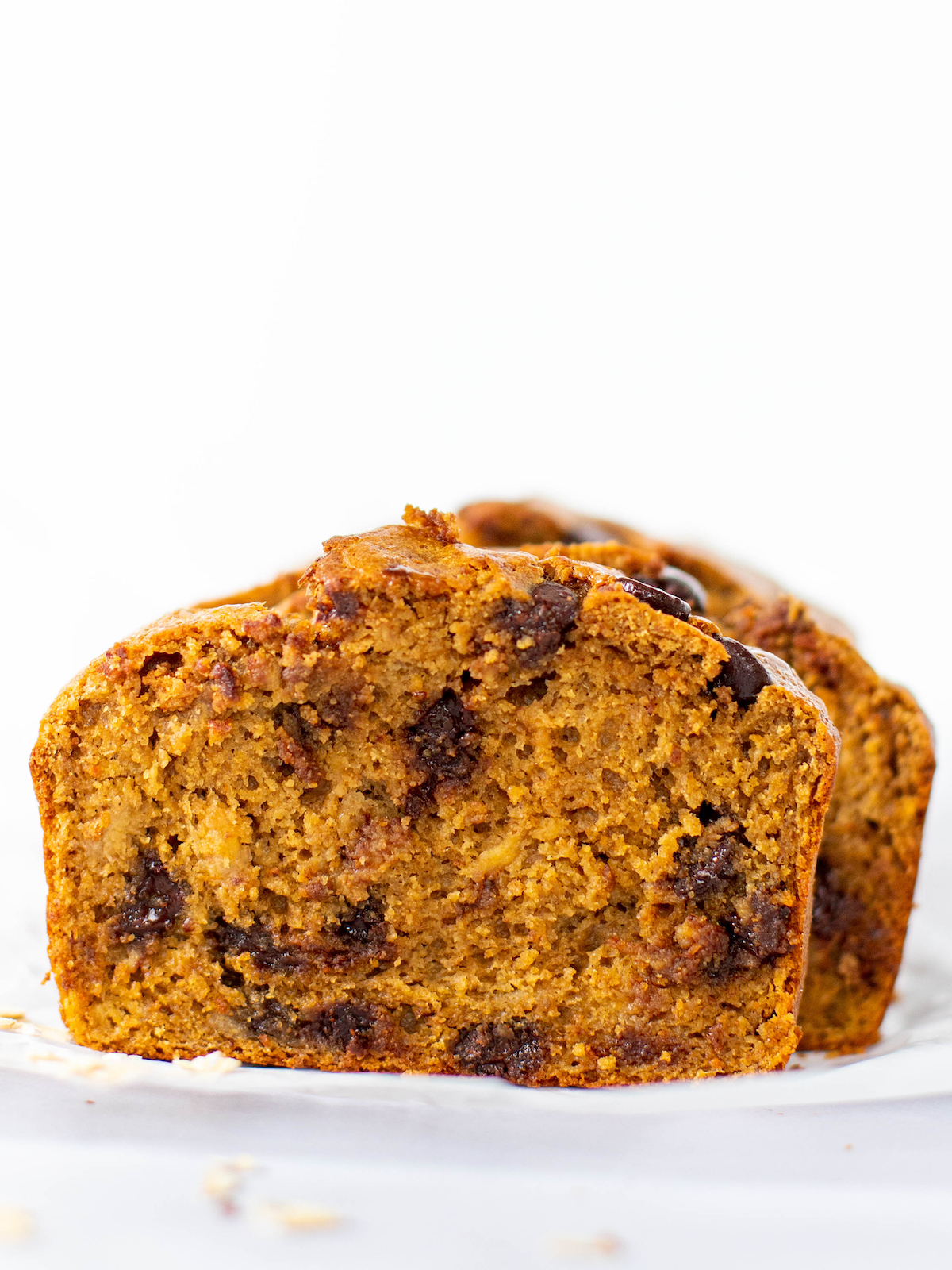 Slice of banana bread with chocolate chips.