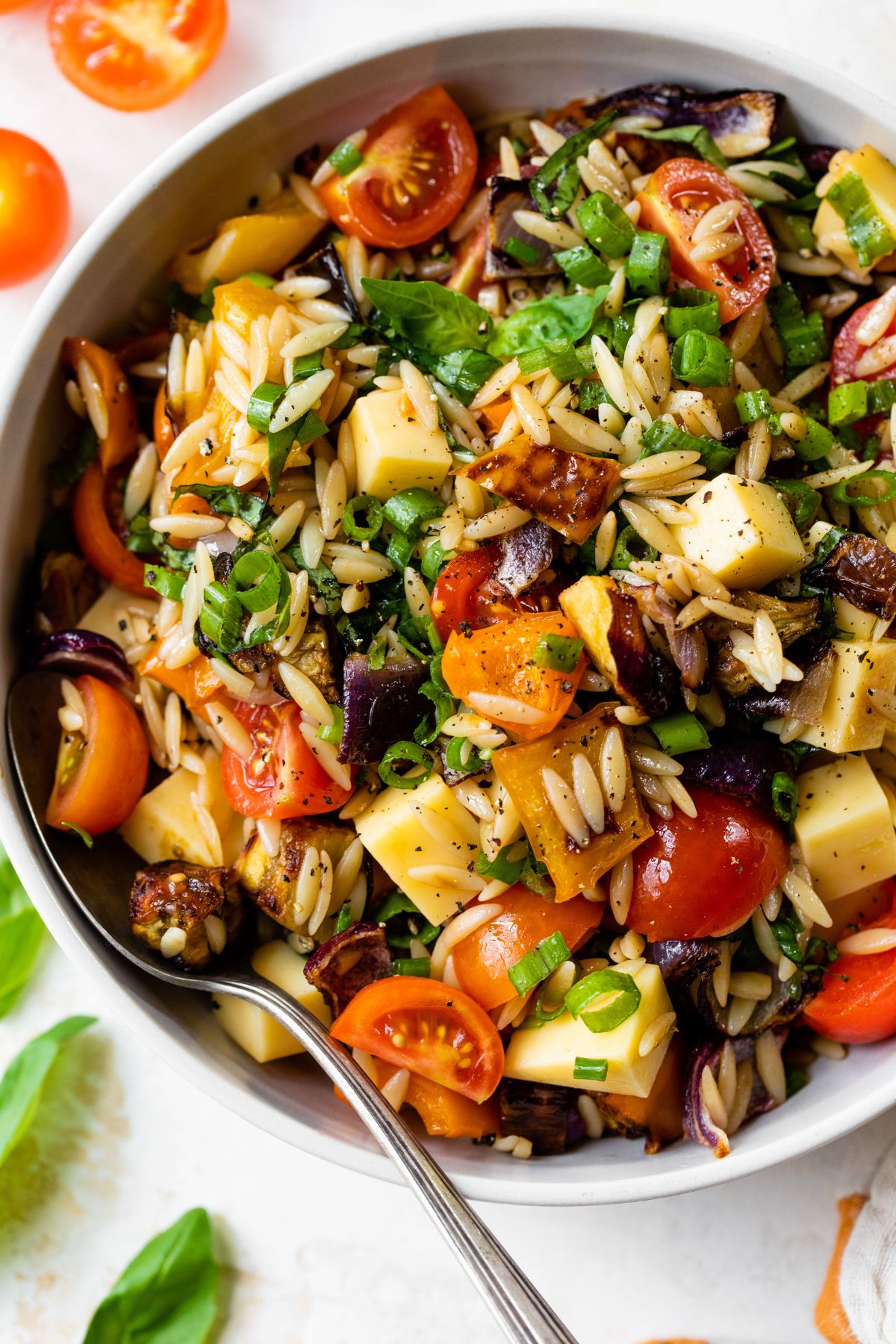 Orzo pasta mixed with roasted veggies, cherry tomatoes and herbs.