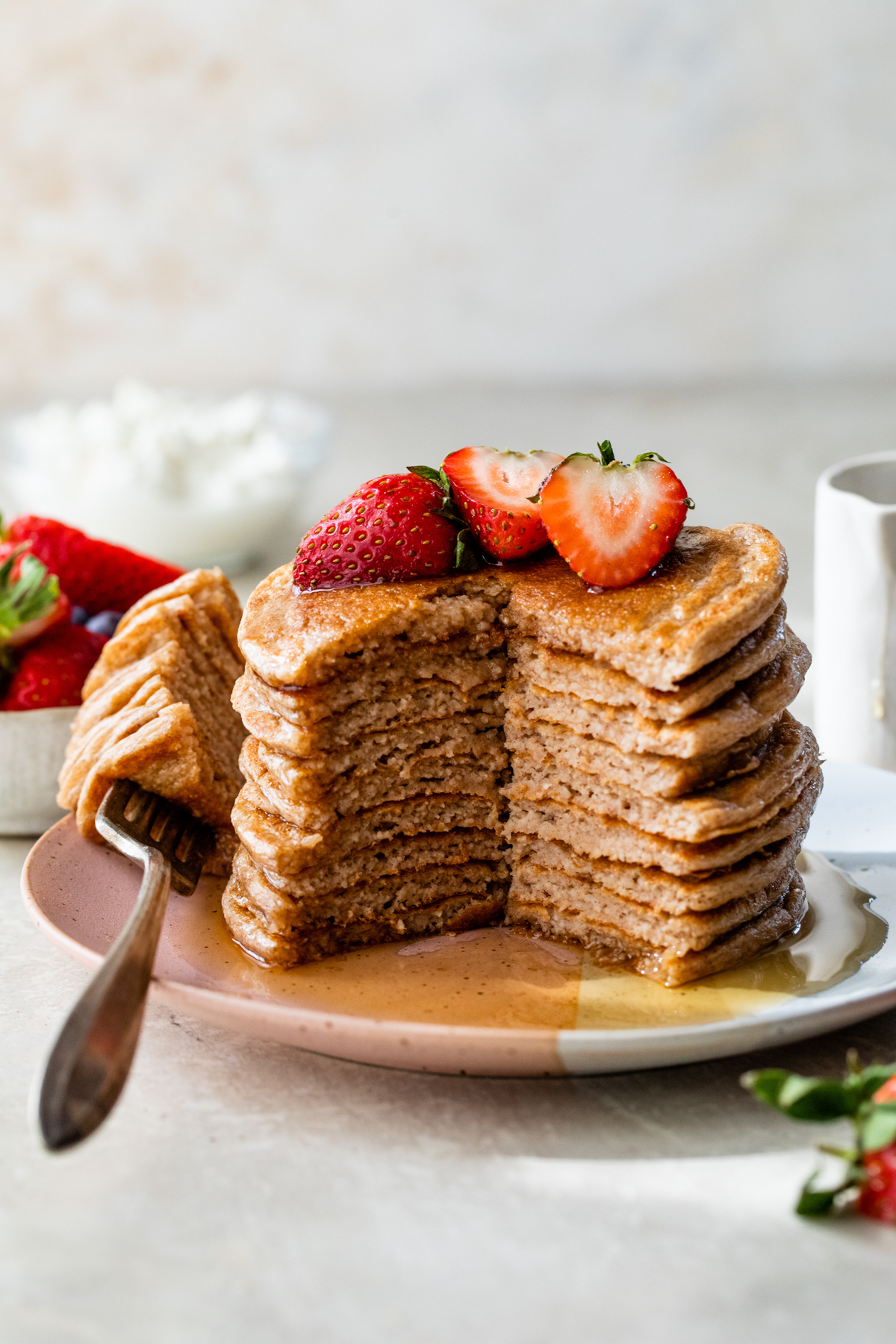 10-Minute Cottage Cheese Pancakes with a bite cut out
