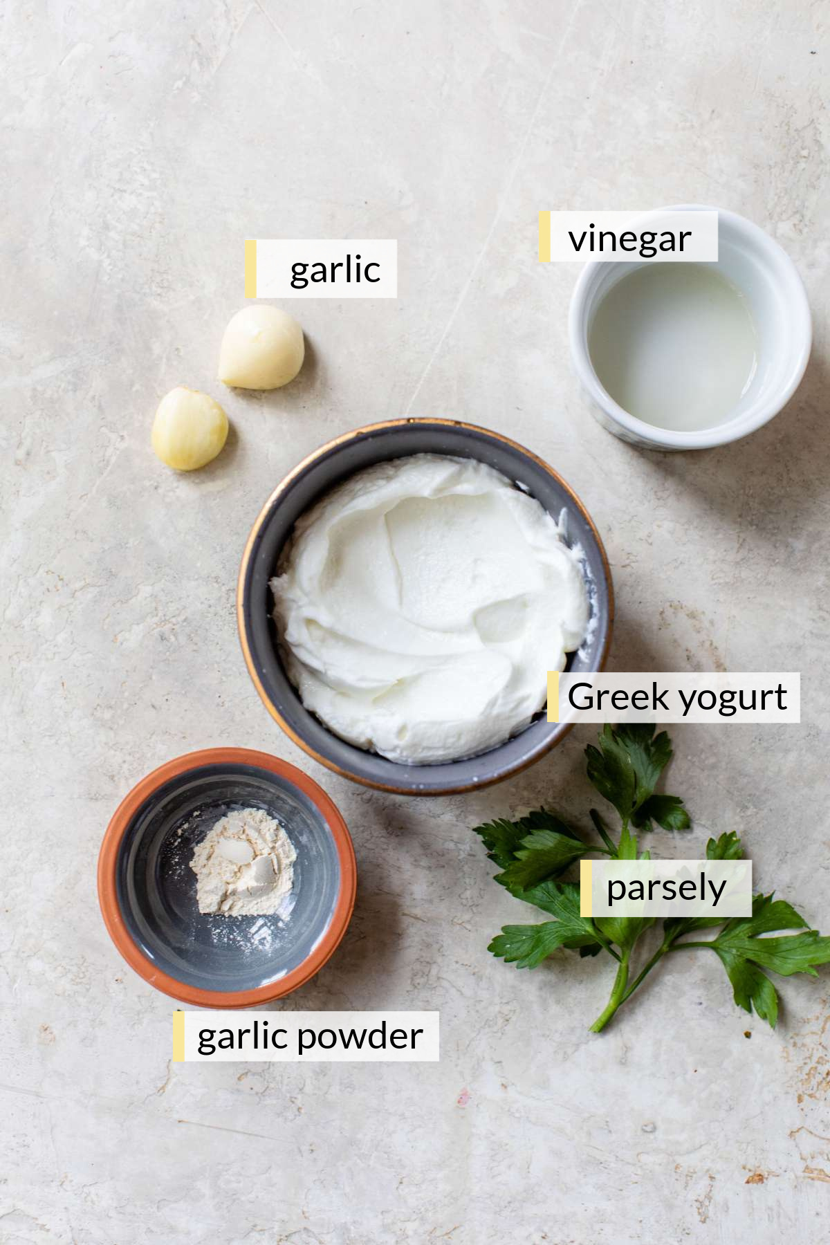 Greek yogurt, garlic, parsley, garlic powder.