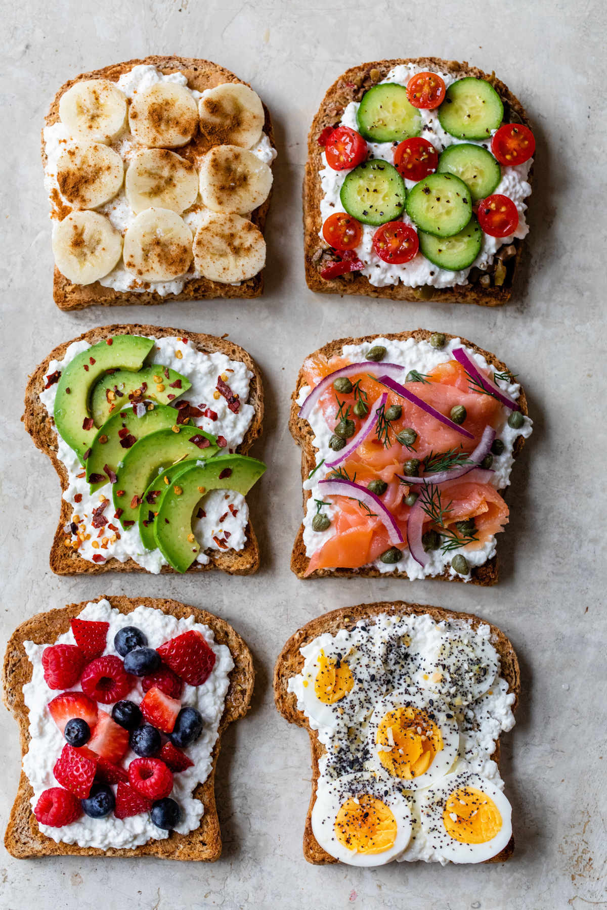 cottage cheese breakfast toast in six sweet and savory flavor combinations