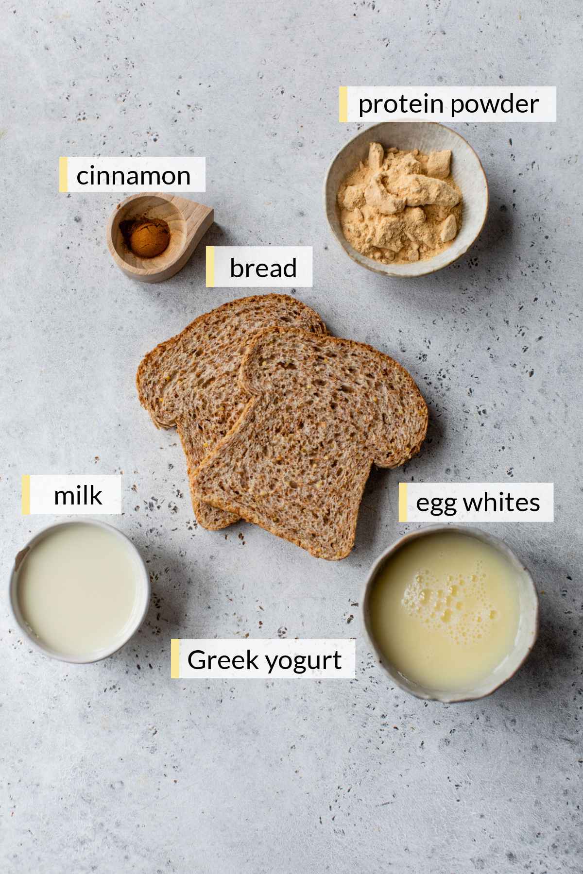Slices of bread, egg whites, milk, protein powder and cinnamon divided into small portions.
