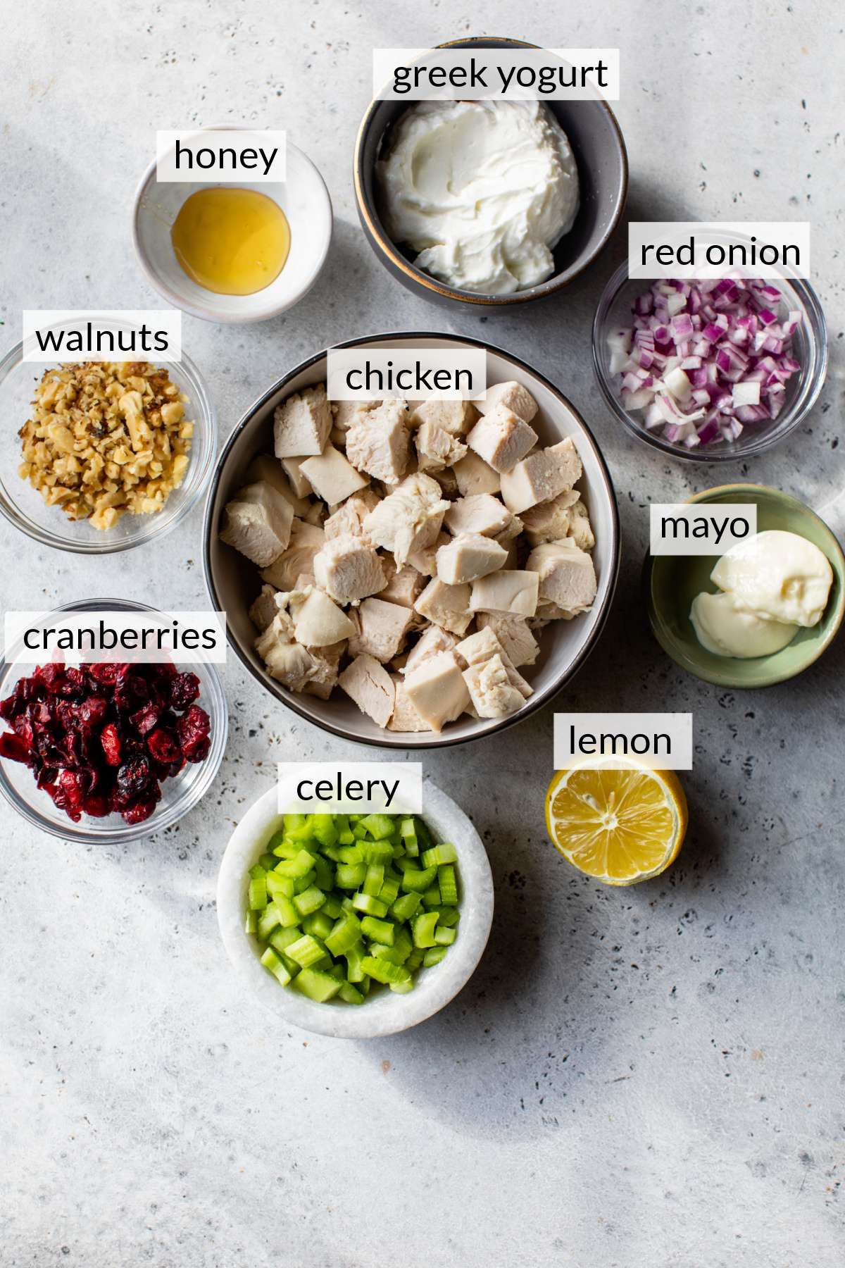 Chopped chicken in a bowl near other bowls of red onion, celery, walnuts, cranberries, Greek yogurt and mayo.