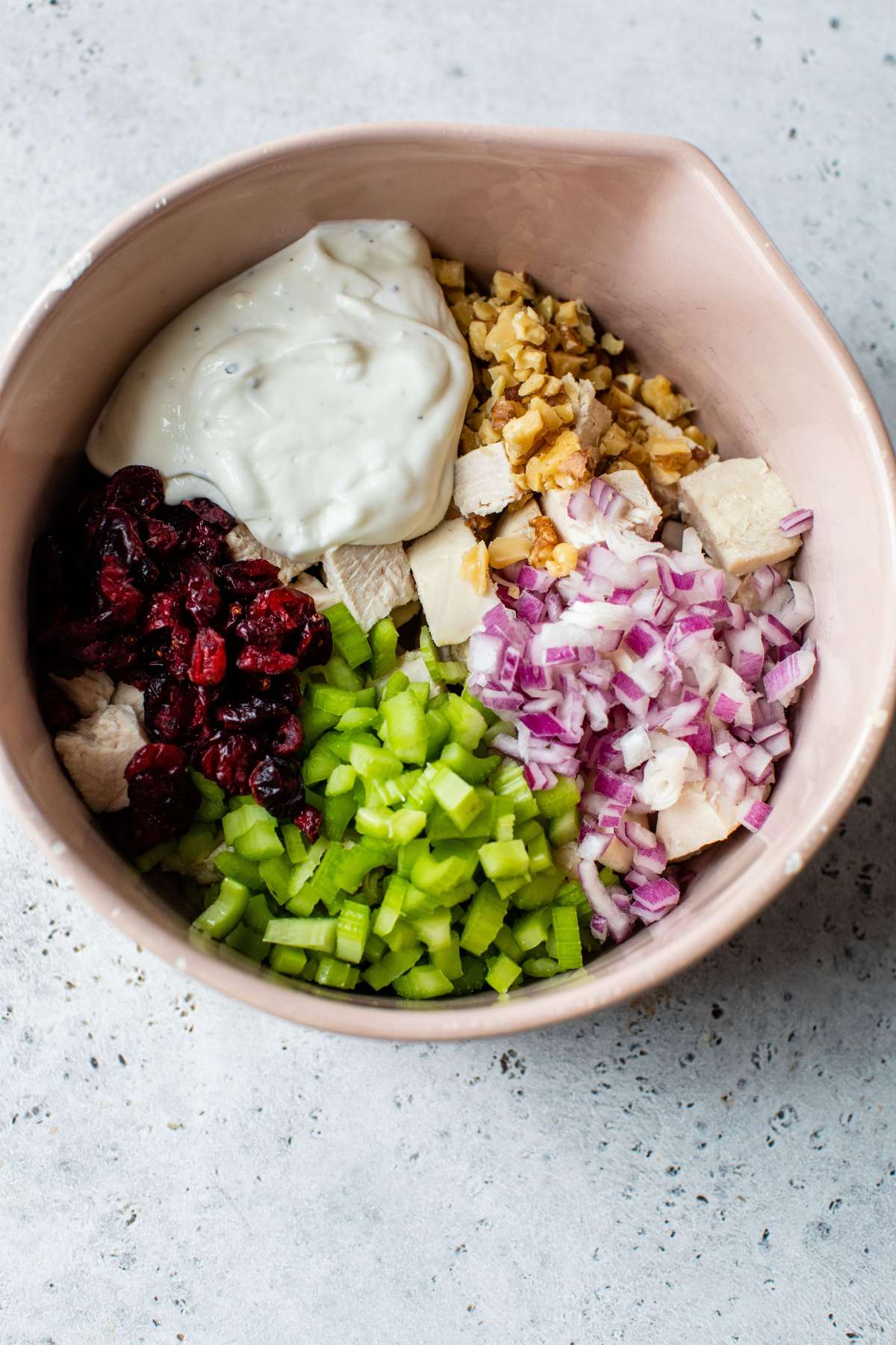 Large bowl with dressing, red onion, celery, cranberries and walnuts.