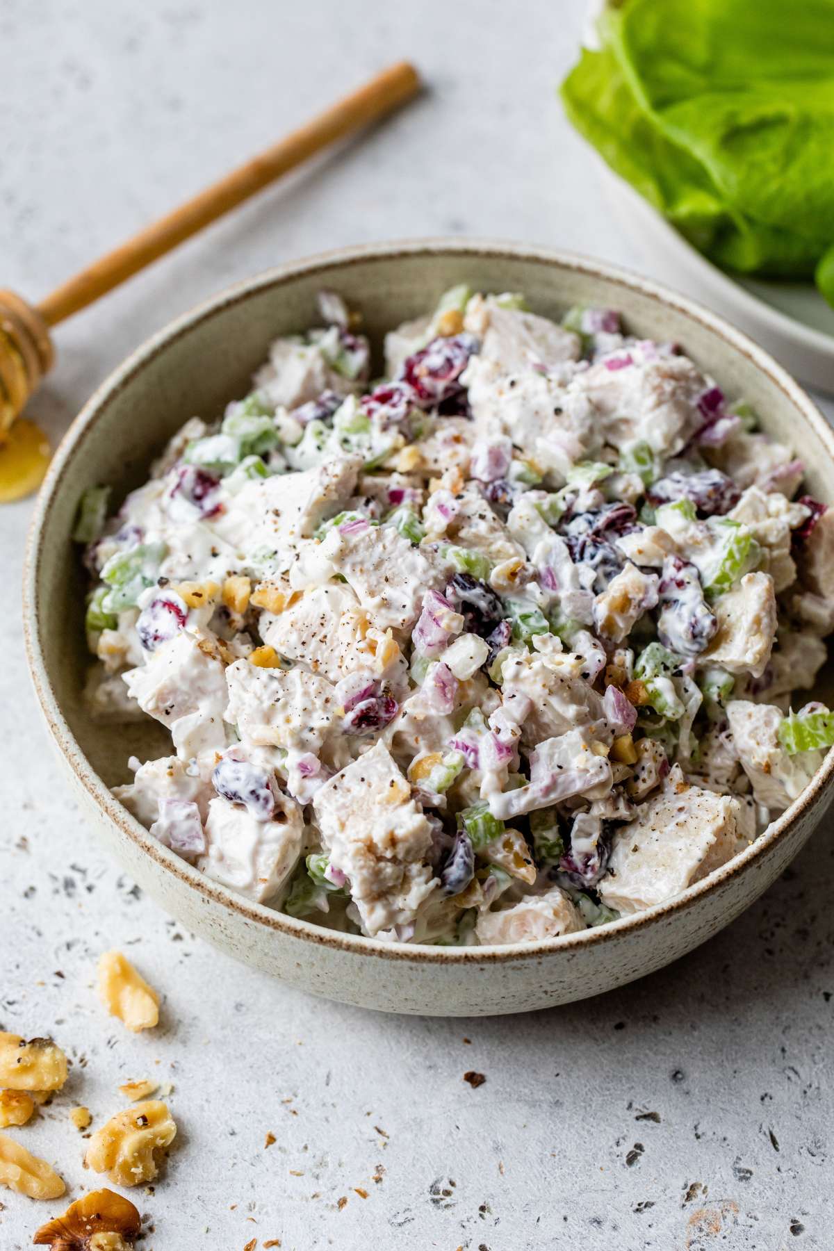Chicken salad made with cranberries, walnuts and red onion.