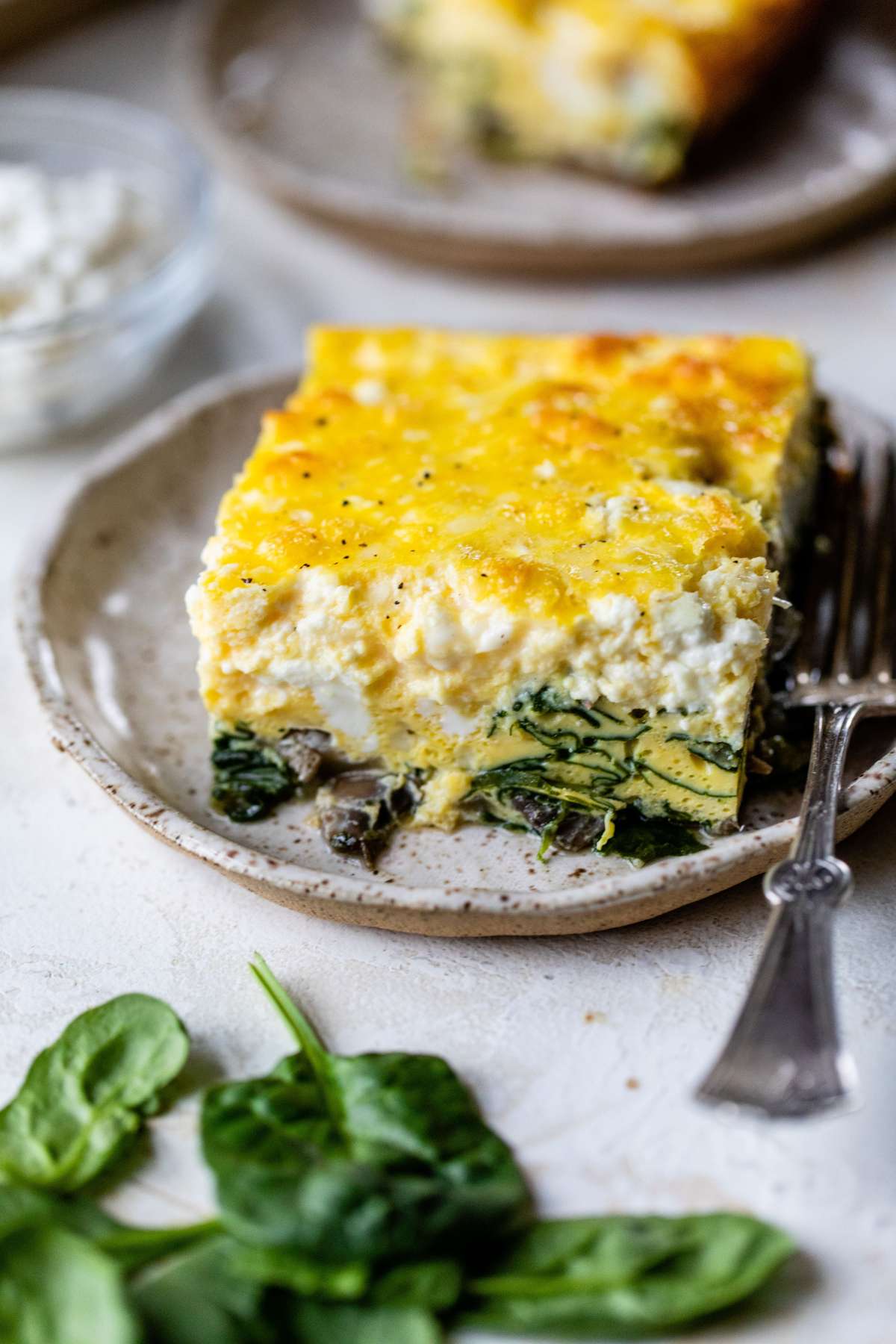 Serving of cottage cheese egg bake on a plate.