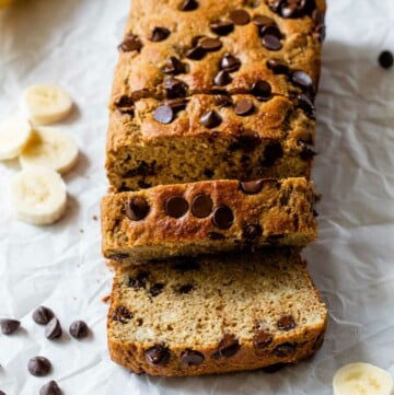 Protein banana bread with chocolate chips, partially sliced.